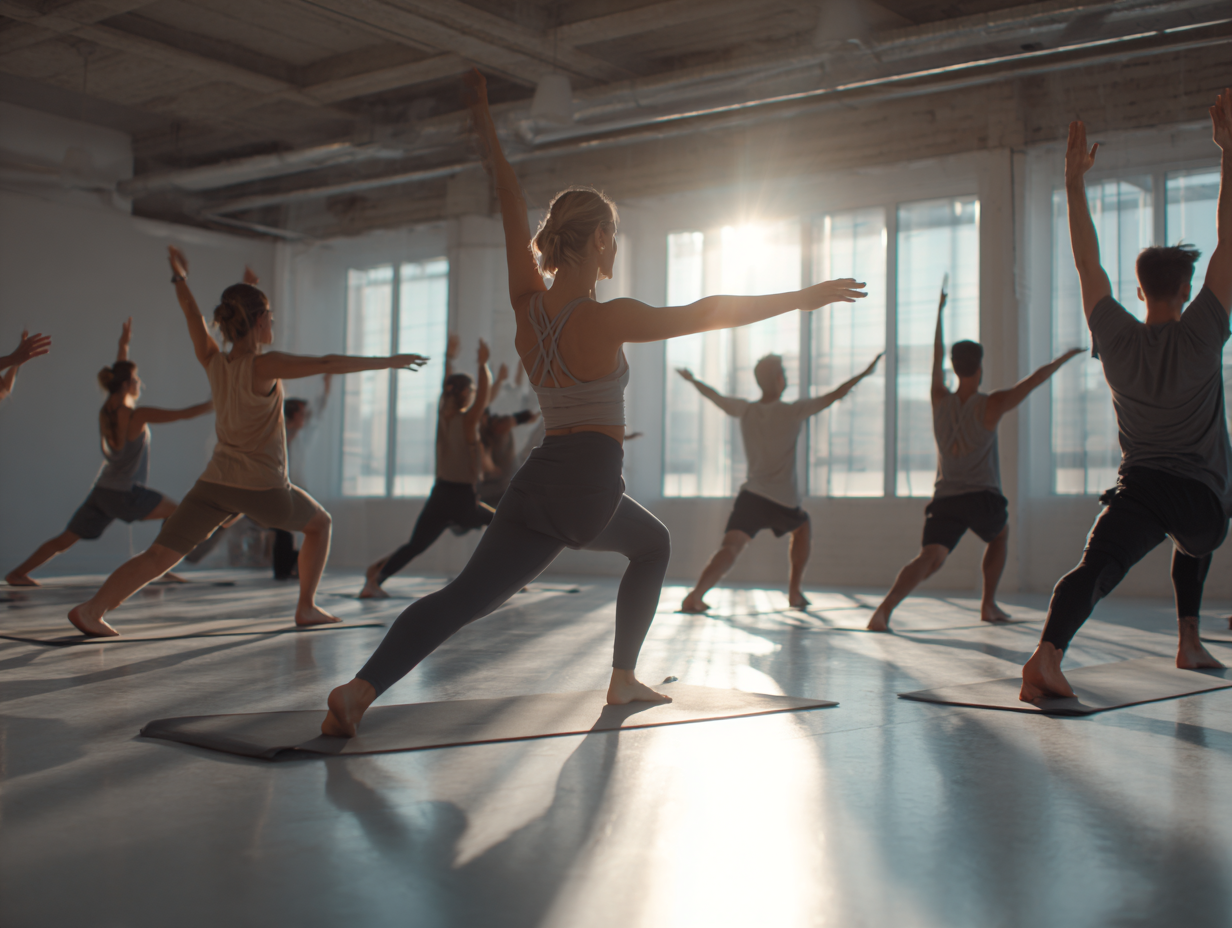 Люди займаються йогою у світлому залі